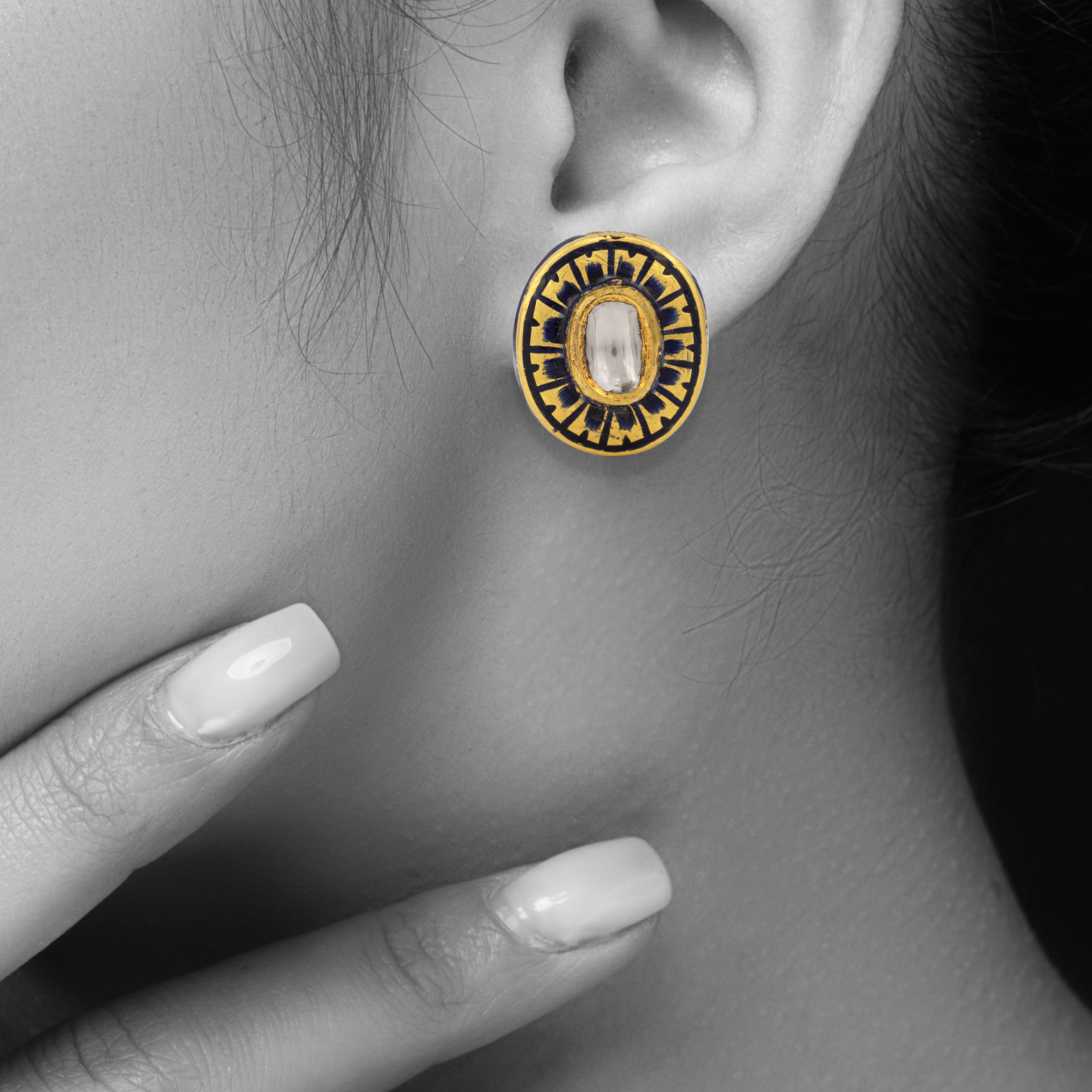 Black Enamel Polki Stud Earrings